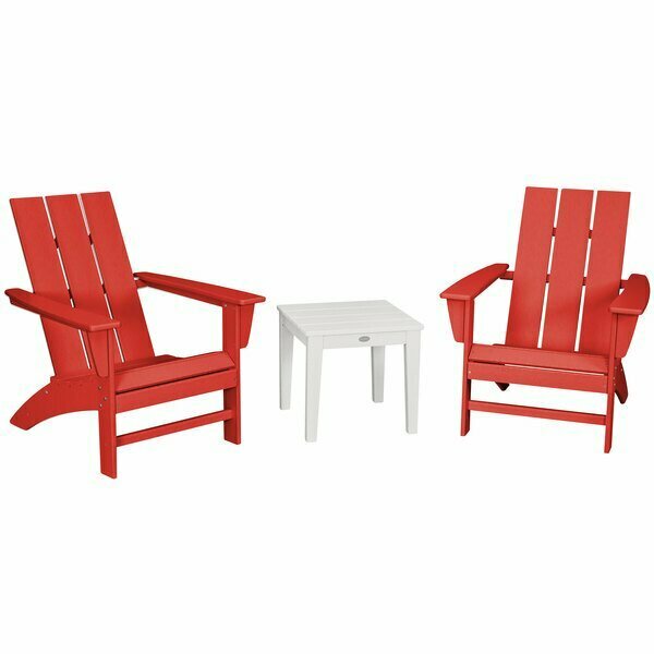 Polywood Modern Sunset Red / White 3-Piece Adirondack Chair Set with Newport Table 633PWS502451